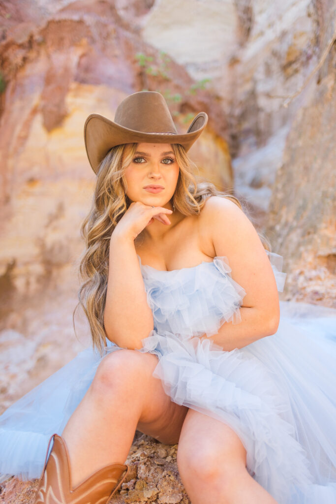 Girl's Senior Session in a blue dress in canyons