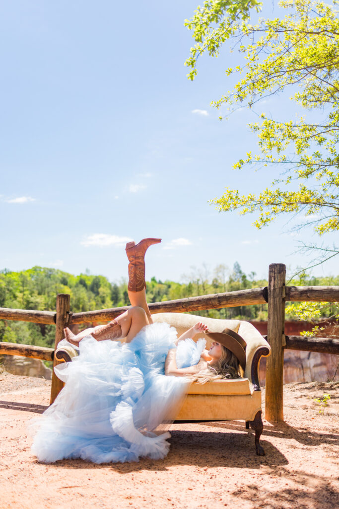 Girl's Georgia Senior Session in blue dress in canyons